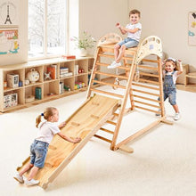 4-in-1 Wooden Indoor Jungle Gym, Montessori Climber Playset with Slide, Rock, Ladder & Gym Rings