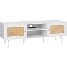 Rattan TV Cabinet for 65 Inch TV Boho Entertainment Center with Built-in Socket USB Ports & Storage (White)