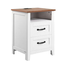 White Farmhouse Nightstands Set of 2 End Tables with Charging Station USB Ports 2 Drawers & Open Shelf