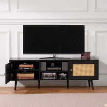 65 Inch Modern Rattan TV Console with with Rattan Doors USB Ports & Built-in Socket for Living Room Media Room (Black)