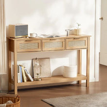 Rattan Console Table with 3 Drawers & Sliding Door