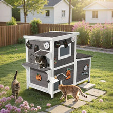 2-Story Outdoor Cat House for 3 Cats Elevated Feral Shelter with Stairs Clear Window & Flap Doors Waterproof 42" x 25" x 34"