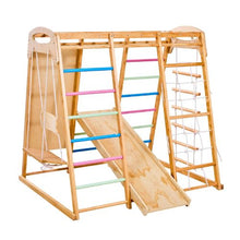 7-in-1 Wooden Indoor Playground Gym, Montessori Climbing Playset with Swing, Slide & More