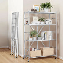4-Tier Foldable Metal Storage Shelf with Wheels & Hooks No Assembly Shelving Unit for Pantry Kitchen Garage (White)