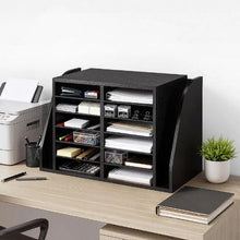 12-Compartment Literature Organizer with Side Vertical Storage, Wooden Mailbox Sorter (Black)