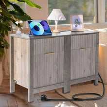 Farmhouse Nightstands Set of 2 Gray End Tables with Charging Station 3 Tiers 2 Drawers & Storage Cabinet USB Ports & Outlets