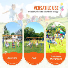 6-in-1 Backyard Swing Set 2 Swings Trapeze Bar Climbing Ladder Net Basketball Hoop 440lbs Capacity Heavy-Duty Metal for Kids 3+