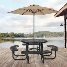 Outdoor Picnic Table Set 46" Round Patio Table with Benches Heavy-Duty Steel Umbrella Hole, Weather-Resistant (Black)