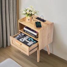 Rattan Nightstand with Drawer, Open Shelf & Charging Station
