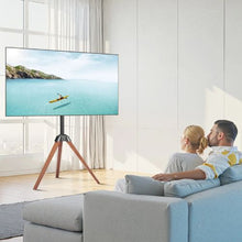 40-65" Tripod Easel TV Stand 18° Left-Right Rotation Portable with Oak Wood Legs for Studio, Home & Office (Three Brackets), No Tray