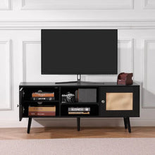 55 Inch Mid Century Modern Rattan TV Stand with Adjustable Shelves for Living Room Media Room (Black)