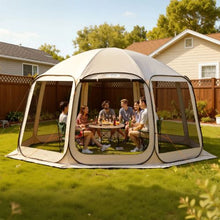 15 x 13.8 ft Pop-Up Screen Tent 12–15 Person Large Screened Canopy Shelter with Netting Sides Stakes & Carry Bag – (Beige)