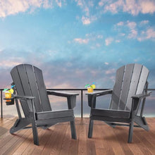 Set of 2 Plastic Adirondack Chairs with Cup Holder Folding All-Weather Outdoor Fire Pit Chairs Ergonomic Armrest Design (Gray)