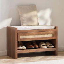 30.9 In Rattan Shoe Bench with Storage Drawer & Linen Seat Cushion Handwoven Rattan for Entryway Bedroom Living Room