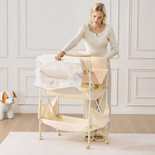 Baby Changing Table with Drawers Foldable Diaper Station Wheels Side Basket & Hanging Rod (Light Beige)