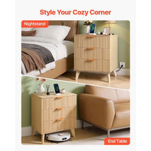 Fluted Nightstand with Charging Station 3-Drawer Mid-Century Modern Bedside Table (Khaki)