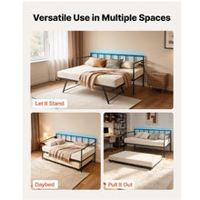 Twin Metal Daybed with Pop-Up Trundle Charging Station LED Lights Height Adjustable Lockable Casters (Black)