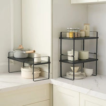"Adjustable 2-Tier Kitchen Cabinet Shelf Organizer - Expandable Stackable Storage Riser for Pantry Bathroom & Office (Black)"