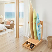 3-Tier Wooden Surfboard Stand Freestanding Rack with Hooks & Cork Padding for Storage and Display