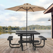Outdoor Picnic Table Set 45.7" Square Patio Table with Benches Heavy-Duty Steel Umbrella Hole Weather-Resistant (Black)