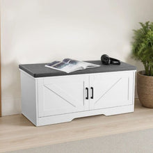 39.4 x 14.0 x 18.1 In Shoe Storage Bench with Padded Seat 2 Barn Doors & Adjustable Shelf (White + Black)