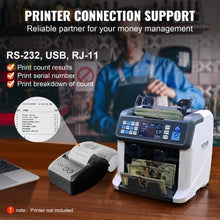 Cash Counter and Sorter with Mixed Denomination, 2CIS, SN, UV, IR, MG, DD Detection Multi-Currency Printer Enabled