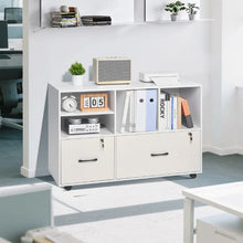 2-Drawer Wooden File Cabinet Rolling Storage with Open Shelves & Lockable Printer Stand
