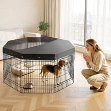 Dog Playpen 30" 8-Panel Foldable Metal Fence with Door & Top Cover (Black)