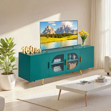75In TV Stand with Glass Doors and Gold Legs TV Cabinet Storage with Adjustable Shelves for Living Room & Bedroom (Green)