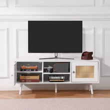 Rattan TV Stand for 55 Inch TV Boho Mid Century Modern TV Cabinet with Adjustable Shelves (White)