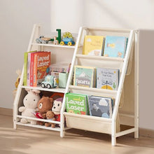 3-Tier Kids Bookshelf with Sling Book Rack & Storage Bag Toy Storage Organizer for Kids Room