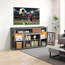 65 In TV Stand Farmhouse Entertainment Center with Light Strip Wooden Cabinet with Glass Doors and Adjustable Shelves for Home