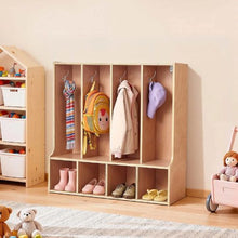 4-Section Toddler Cubby Storage Organizer with Coat Hooks Natural