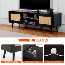 65 Inch Modern Rattan TV Console with with Rattan Doors USB Ports & Built-in Socket for Living Room Media Room (Black)