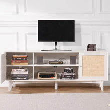 Rattan TV Stand for 75 Inch TV Boho Console with Rattan Doors & Built-in Socket (White)