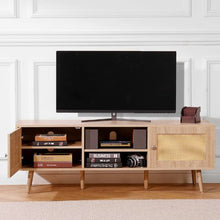 65 Inch Rattan TV Console with USB Ports Power Outlet & Adjustable Shelves (Oak)