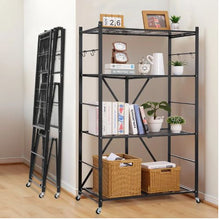 4-Tier Foldable Storage Shelf with Wheels & Hooks (Black)
