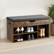 Entryway Shoe Bench 31.7 x 12.0 x 17.5 Inch with Lift Top Storage 300lbs Capacity Cushion Seat & 3 Cabinets (Brown + Black)