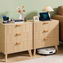 Fluted Nightstands Set of 2 Mid-Century Modern Bedside Tables with Charging Station 3 Drawers Khaki