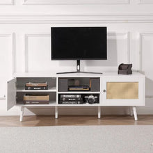 Rattan TV Cabinet for 65 Inch TV Boho Entertainment Center with Built-in Socket USB Ports & Storage (White)