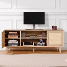 Boho Rattan TV Stand Mid Century TV Cabinet for 75 Inch TV with Built-in Socket USB Ports & Adjustable Shelves (Oak)