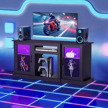 65In TV Stand with Light Strip Wooden Cabinet with Glass Doors and Adjustable Shelves for Living Room & Bedroom (Black)