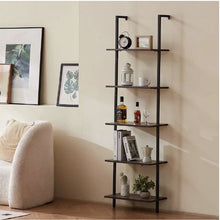 5-Tier Ladder Shelf 17.3 x 11.8 Inch Wall-Mounted Bookshelf with Metal Frame (Black)