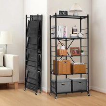 5-Tier Foldable Metal Storage Shelf with Wheels No Assembly (Black)