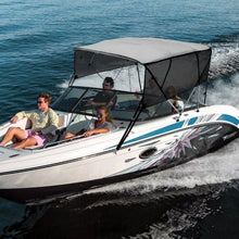 4 Bow Bimini Top Boat Cover – 600D Polyester Canopy with Aluminum Frame Detachable Mesh Sidewalls Storage Boot 8 L x 91 -96 W x 54 H (Light Grey)
