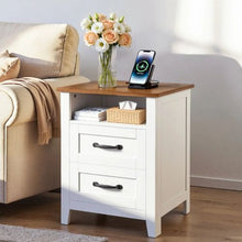 White Farmhouse Nightstands Set of 2 End Tables with Charging Station USB Ports 2 Drawers & Open Shelf