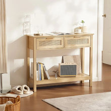 Rattan Console Table with 2 Drawers & Sliding Door