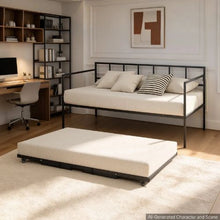 Twin Metal Daybed with Pop-Up Trundle Space-Saving Sofa Bed Heavy-Duty Frame Lockable Casters (Black)