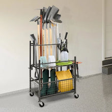 Garden Tool Organizer 16-Slot Metal Rack with Hooks & Wheels Yard Tool Stand for Garage & Shed