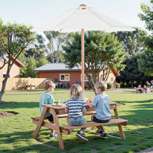 Kids 3-in-1 Picnic Table with Umbrella Sand & Water Play Table Wooden Bench Set with 2 Trays Seats 4 (Walnut)